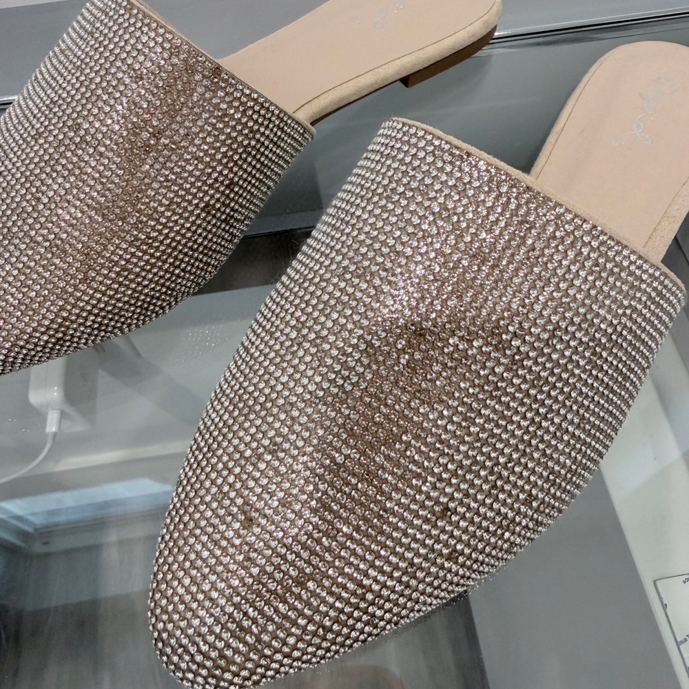 Qupid Cream Rhinestone Slides - Picture 2 of 6